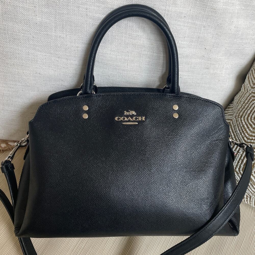 Coach Lillie Carryall 91493 Black Crossgrain Leather Satchel Crossbody Bag